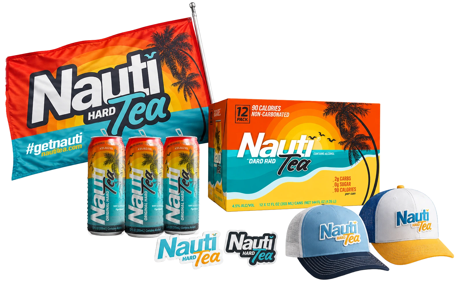 Nauti Hard Tea merchandise collection with flag, cans, 12-pack, stickers and hats